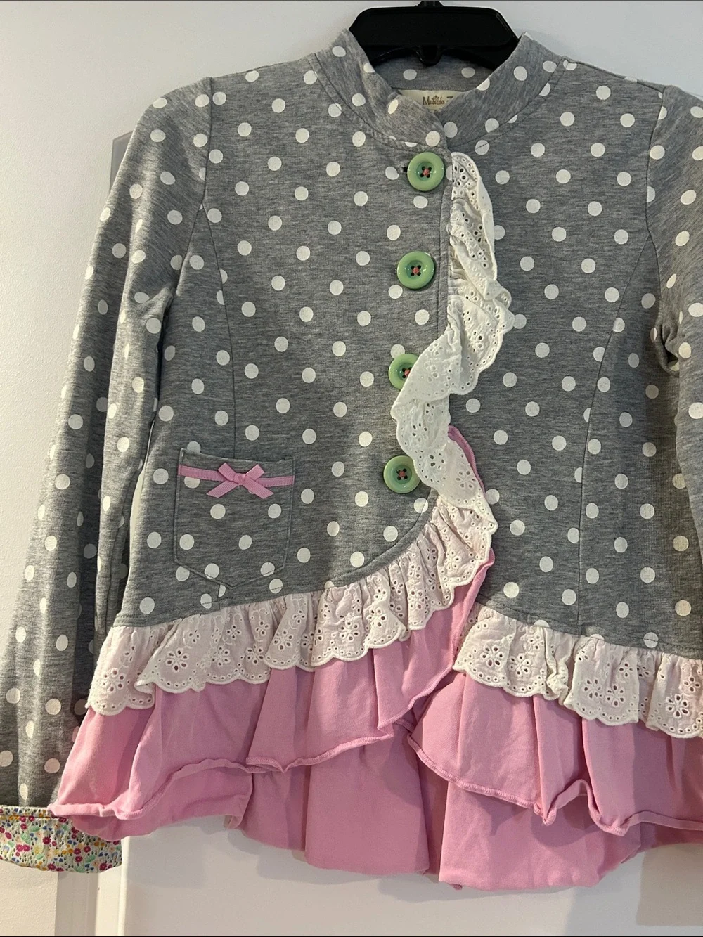 Girls' Matilda Jane Grey Polka Dot Ruffle Jacket with Pink Trim
